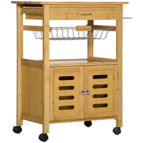 Homcom Carrello Da Cucina Con Cassetto, Armadietto E Cestino Estraibile, Carrellino In Legno Con Ruote Girevoli In Legno, 66X36X79Cm