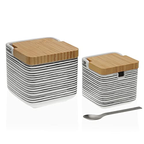 Versa Black Lines Set De Salero Y Azucarero De Cerámica Y Bambú, Con Tapa De Madera Y Cuchara De Metal, Misure (A X L X L) 11,2 X 11,7 X 11,8 Cm, Cera