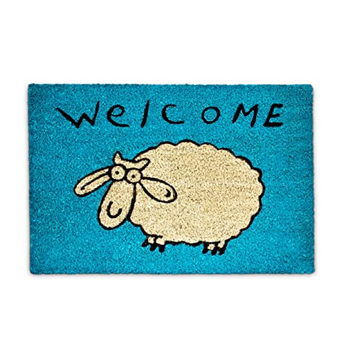 Relaxdays Zerbino In Fibra Di Cocco, Tappetino Da Ingresso Con Pecora E Scritta Welcome, 40 X 60 Cm, Antiscivolo, Blu