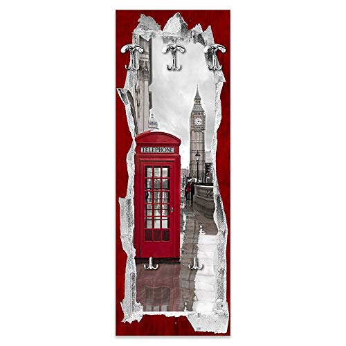 Lupia Appendiabiti Da Parete 46X125 Cm View Of The Telephone Box A Pannello Con Stampa, Guardaroba, Attaccapanni Muro Con 5 Ganci