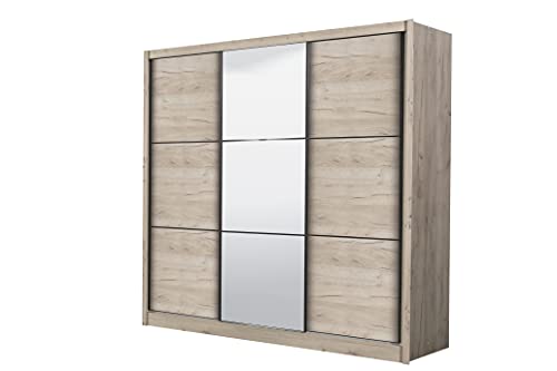 Armadio Guardaroba 3 Ante Scorrevoli Una Con Specchio, Struttura Quercia, 242X60X215 Cm