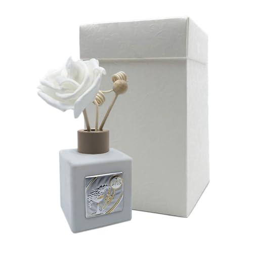 Virsus 10 Bomboniere Per Comunione In Ceramica Cubo Profumatore 799, Misura 6X6X8,5 Cm, Colore Bianco Con Placca Silver, Bastoncini In Legno Con Forme