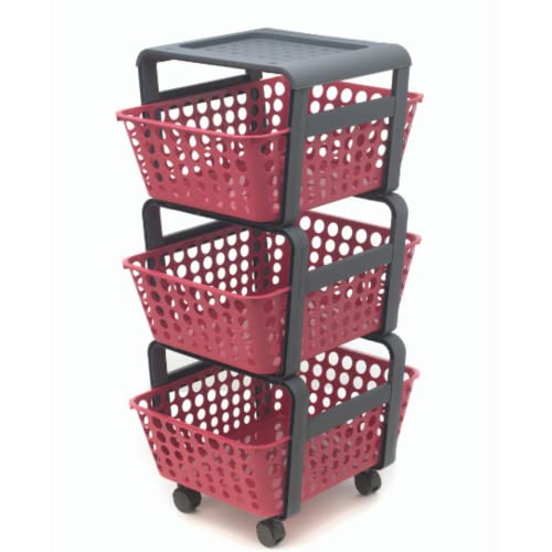 Ecoplast | Carrello Con Ruote Portatutto Modula, Carrello Portaoggetti A Tre Piani, Portata Massima 9 Kg, Rosso, 41,5X29X75, Made In Italy