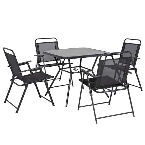 Outsunny Set Da Giardino Con 4 Sedie Pieghevoli E Tavolo Con Foro Per Ombrellone, Salotto Da Esterno In Metallo E Tessuto A Rete, Nero