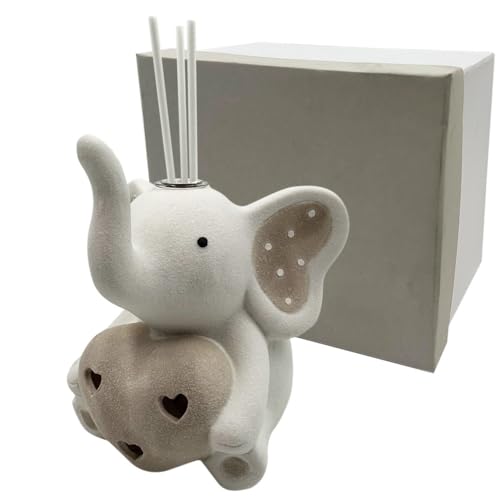 Virsus 10 Bomboniere In Ceramica A Forma Di Elefantino Con Profumatore 797, Misura 10X10X12 Cm, Elefante Con Cuore Tortora, Bastoncini E Luce A Led, R