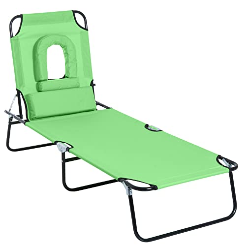 Outsunny Sedia Sdraio Da Esterno Pieghevole Con Foro Per Il Viso E Cuscini, Lettino Prendisole Da Giardino, Spiaggia E Campeggio, Verde