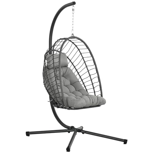 Outsunny Poltrona Sospesa In Rattan Pe Con Cuscino Imbottito, Sedia Sospesa A Dondolo Con Seduta Pieghevole E Struttura In Acciaio, Grigio