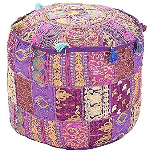Aakriti Indian Pouf Footstool With Embroidery Pouf, Indian Cotton, Pouf, Ottoman Pouf Cover With Ethnic Decor Art - Cover (Purple, 46X33 Cms)