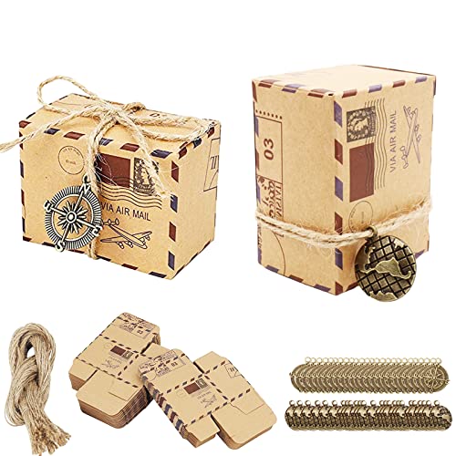 50Pezzi Scatole Portaconfetti In Carta Kraft,Bomboniere Scatole Regalo, Con Spago、Bussola、Terra Accessori,Per Caramelle, Cioccolatini、Regali Piccoli、L