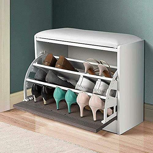 Bakaji Panca Scarpiera Portascarpe Salvaspazio In Legno Con Anta A Ribalta Tripla Profondità E Seduta In Eco Pelle, Cassapanca Dimensioni 60 X 30 X 48