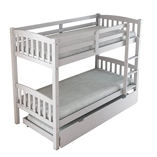 Arredo Stock Letto A Castello Con Terzo Letto Estraibile In Legno Di Pino Massello, 90X190X156 Cm (Bianco)