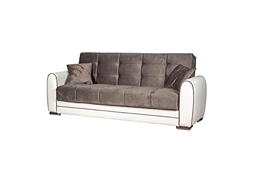 Arredo Stock Divano Letto 3 Posti Con Struttura In Ecopelle Bianca E Seduta In Tessuto Grigio, 220X84X91 Cm