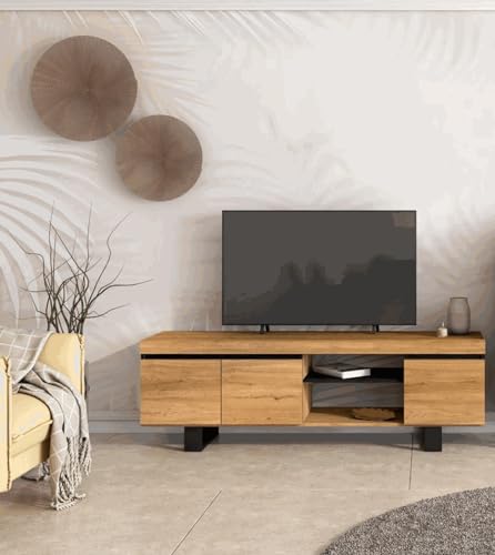 Skraut Home - Mobile Tv Mod.Naturale ''Rovere/Nero'', 2 Ante E 2 Alloggi, Soggiorno, 160 X 40 X 53 Cm