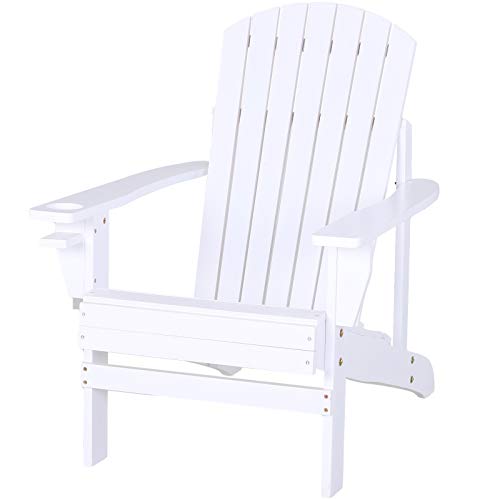 Outsunny Sedia Da Giardino Adirondack In Legno Bianco, Con Porta Bicchieri, Impermeabile E Anti-Muffa, 97X72.5X93Cm