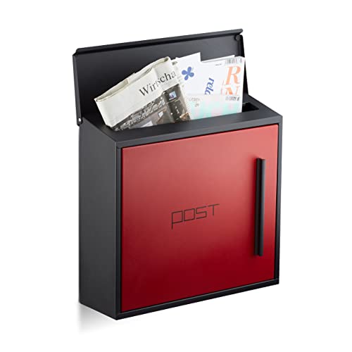 Relaxdays Cassetta Postale, Buca Lettere Moderna, Formato A4, Acciaio, Grande, Hxlxp 33 X 35 X 12,5 Cm, Metallo, Rosso/Nero, Set Da 1 Pz