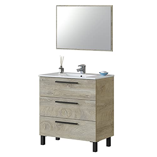 Miroytengo Athena Mobile Da Bagno Con 3 Cassetti E Specchio, Alluminio, Rovere Alaska, 3 Cajones