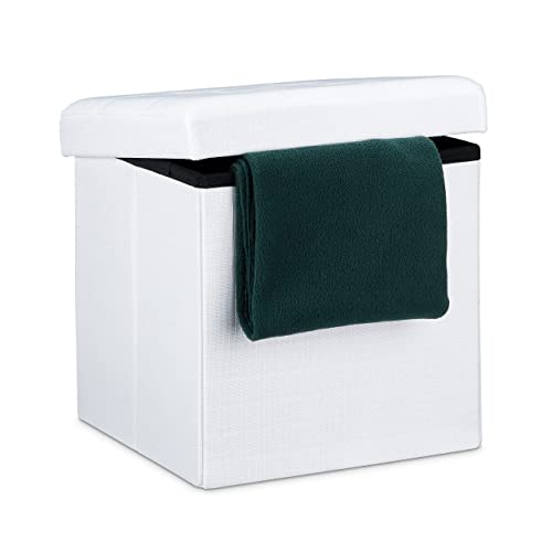 Relaxdays 10019047_49 Pouf Pieghevole Con Contenitore, Lino, Bianco, 38 X 38 X 38 Cm