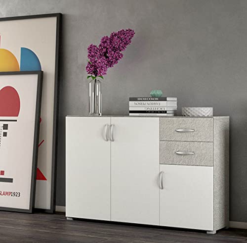 Arredo Stock Mobile Buffet Bianco E Cemento, 3 Ante 3 2 Cassetti, 120X35X83 Cm