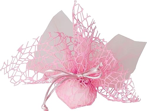 Puntocasastore 20 Pz Sacchetto Portaconfetti Bomboniera Polycotton Rete + Velo Organza + Nastro Autotirante Rosa Nascita Battesimo