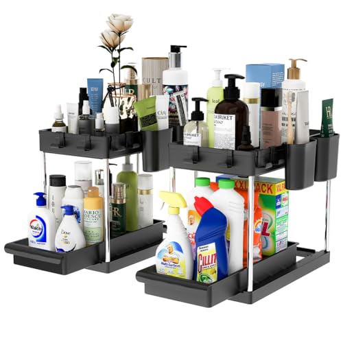 Bakaji Set 2 Organizer Sottolavello Per Bagno E Cucina Con Cassetto Scorrevole, Scaffale Cestello Scorrimento Salvaspazio 2 Ripiani, Scaffalatura Sott