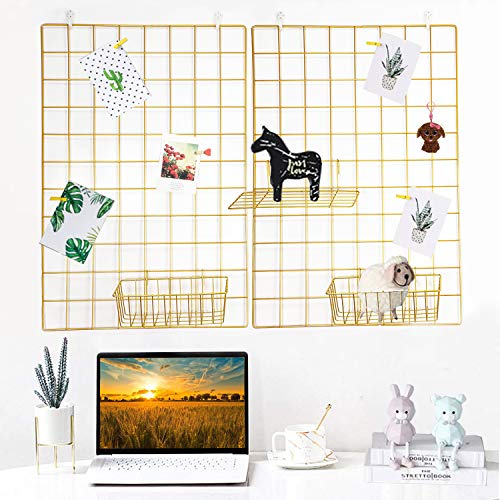 Gbyan Grid Wall Panel Wire Wire Foto Appesa Multifunzionale Display Display Organizer Da Parete, 25,6 '' X17,7 (Confezione Da 2) (Oro)