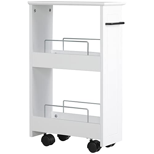Kleankin Carrello Da Cucina Salvaspazio Multiuso Per Bagno, Carrellino Scaffale In Legno Mdf Con Ruote Girevoli E Maniglia, 42.5X20.3X66.7Cm, Bianco