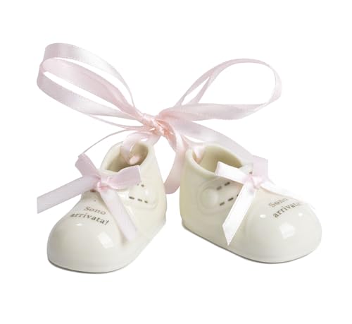 Paben 12 Set 2 Scarpette Bimba Con Fiocco Rosa 6.4 Cm In Porcellana Mandorle Bomboniere Bomboniera Nascita, Battesimo, Compleanno