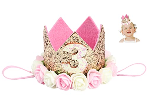 Hitopin 1Pz Principessa Fiore Corona Con Numero 3" Neonati Corona Principessa Crown Fascia Accessori Per Capelli Compleanno (Rosa)