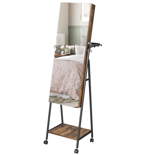 Songmics Specchio Portagioie Con Serratura E 6 Luci A Led, Armadietto Portagioielli Da Terra Con 4 Ruote, Appendiabiti, Ripiano Portaoggetti, Marrone