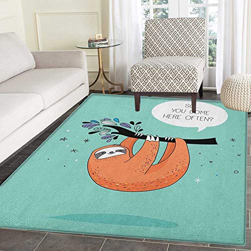 Big Deer Animal Area Silky Smooth Rugs Cartoon Design Print Sloth With A Flirty Quote So You Come Here Often Color Image Floor Mat Pattern 4'X6' Multi