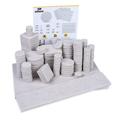 Romon 151 Pezzi Feltrini Autoadesivi Set, Kit Feltrini Per Mobili, Feltrini Per Sedie Letto Tavolo (Quadrati E Rotondi), Taglio Libero, 9 Dimensioni,