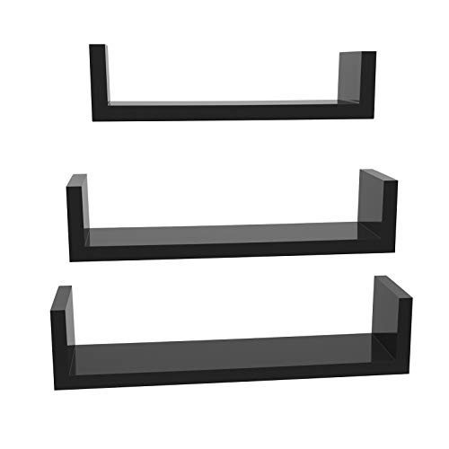 Songmics Muro, Set Da 3, Parete, 30/35/40 Cm, Mensole Decorative, Portata Di 10 Kg, Per Soggiorno Studio Bagno Cucina, Nero Lucido Lws40Bk, Legno Inge