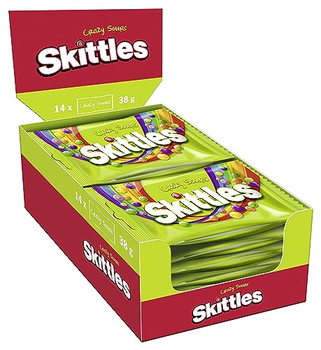 Skittles Crazy Sours, Caramelle Americane Rotonde Colorate Alla Frutta Dal Gusto Aspro, 14 Confezioni Da 38 G Ognuna