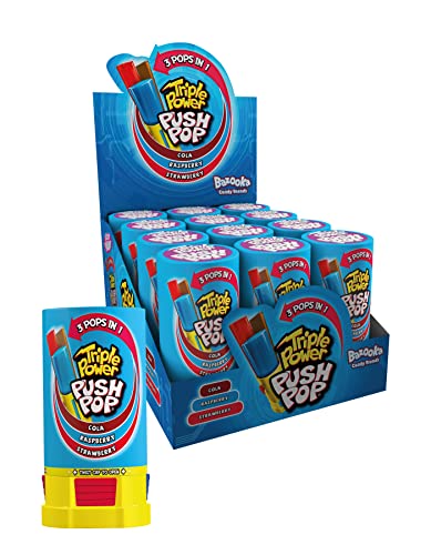 Triple Power Push Pop Lollipop - 12 Confezioni Da 3 Gusti In 1 Lollipop - Cola - Fragola - Lampone | Lecca Confezionati Singolarmente | American Sweet