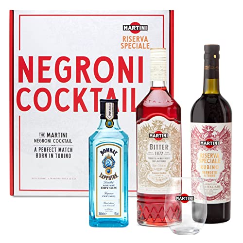 Martini Negroni Cocktail Kit Gift Set, Include Martini Riserva Speciale Rubino Vermouth 75Cl, Martini Bitter 70Cl, Gin Bombay Sapphire 35Cl, Bicchiere