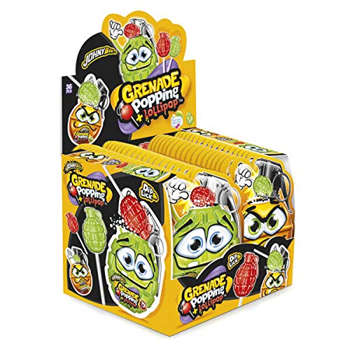 Joygum Grenade Popping+Lollipop, Espositore 36 Bustine Lecca-Lecca A Forma Di Granata Esplosiva, Al Gusto Fragola O Mela Verde Da Immergere In Polveri