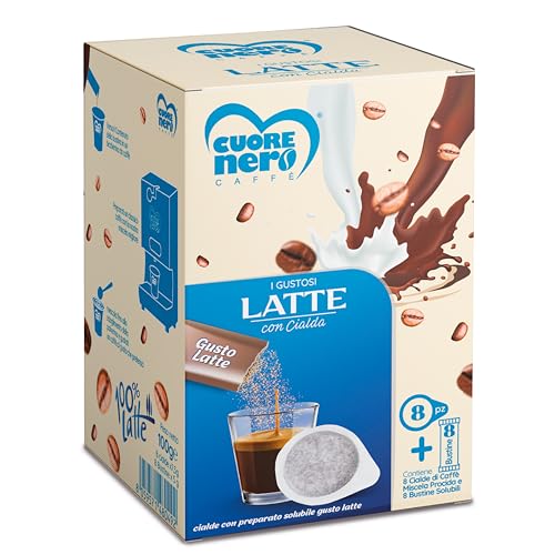 Cuore Nero Caffè – I Gustosi 8 Cialde Caffe Ese Filtro Carta 44Mm, Con 8 Bustine Solubili Gusto Latte, Cialde Caffe Da 7,5G, 75G