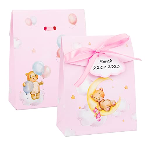 50Pz Scatoline Bomboniere Battesimo Portaconfetti Nascita Bambina Con Bigliettini Nastro Scatole Carta Regalo Orsetto Rosa Bimba Decorazione Confetti