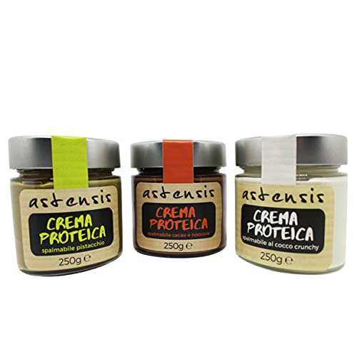 Astensis Tris Proteico - Crema Proteica Spalmabile Pistacchio, Nocciola E Cocco Crunchy - Artigianali 250 Grammi - Proteine - Senza Zucchero, Senza Ol