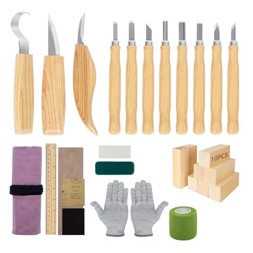 Samiso 30Pcs Strumenti Per Intaglio Del Legno,Kit Intaglio Legno Professionale,Con Blocchi Di Legno Da 10 Pezzi Con Guanti Resistenti Al Taglio,Righel