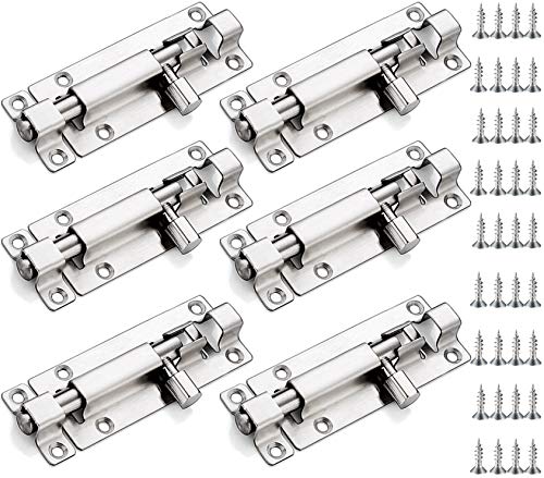 6Pcs Door Lock Gate Bolt With Screws For Bathroom,Bedroom, Intenal External Doors Silver