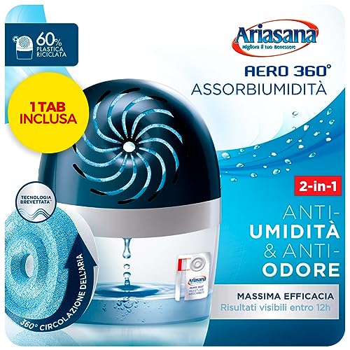 Ariasana Aero 360° Kit Assorbiumidità (1 Dispositivo Incl. 1 Ricarica Tab 450G), Deumidificatore Non Elettrico E Riciclabile, Assorbi Umidità Contro C