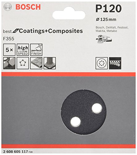 Bosch Accessories 5X Foglio Abrasivo F355 Best For Coatings And Composites (Per Materiali Plastici, Pietra Dura, Ø 125 Mm, Grana 120, 8 Fori, Accessor