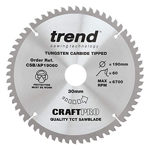 Trend Lama Per Sega Circolare Craftpro Tct Per Piano Di Lavoro In Alluminio E Plastica, Diametro 190 Mm X 60 Denti X Foro 30 Mm, Punta In Carburo Di T