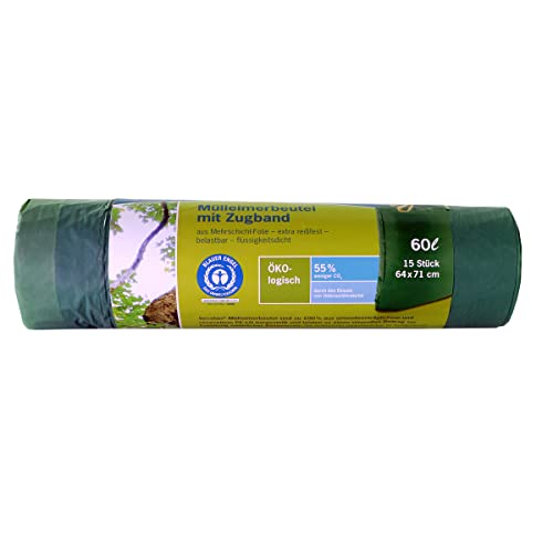 1 X 15 Secolan Mülleimerbeutel Con Zugband 60 L Verde