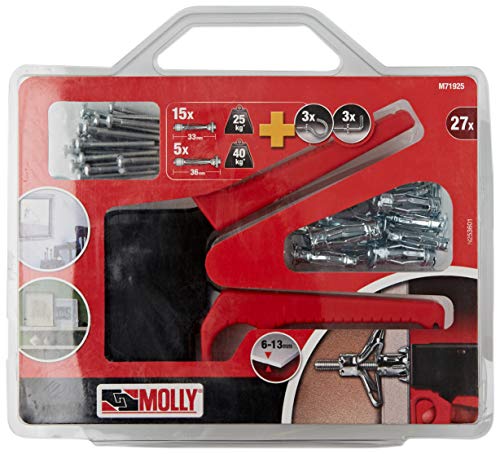 Molly Kit Di 20 Tasselli Di Fissaggio - 10 Tasselli 4 X 33 Mm E 10 Tasselli 5 X 36 Mm + Pinza Di Posa, Grigio, Set Di 27 Pezzi M71925-Xj