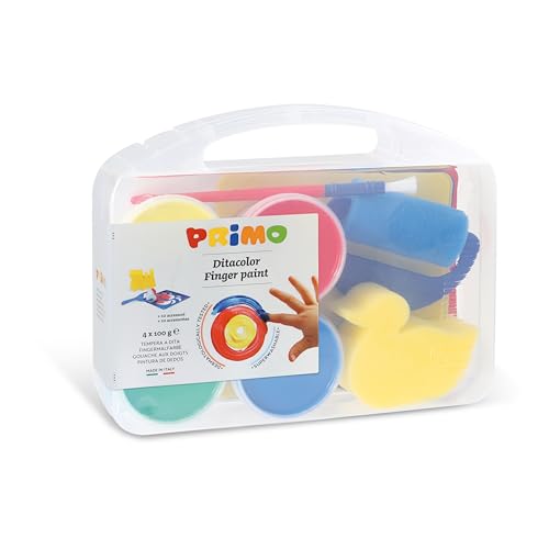 Primo - Valigetta Colori Per Bambini +3 Anni Con 4 Tempere Per Dipingere A Dita 100G + Rullo Per Pittura + Stencil, Set Colori A Tempera Per Carta Vet