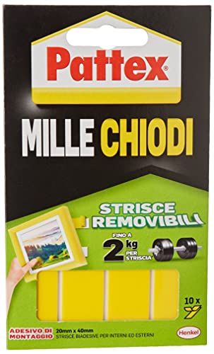 Pattex Millechiodi Biadesivo, Strisce Adesive Pattex Muro, Ultraforti, Riposizionabili, Nastro Biadesivo Forte, Strisce Adesive Rimovibili, 10 Strisce