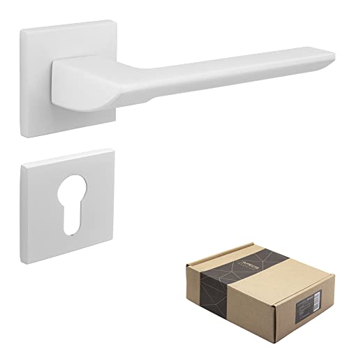 Apecs - Maniglia Per Porte Interne, Moderna, Per Porta Di Casa E Porta Interna, Con Rosette Quadrate, Colore Bianco Opaco, Con Materiale Di Fissaggio,