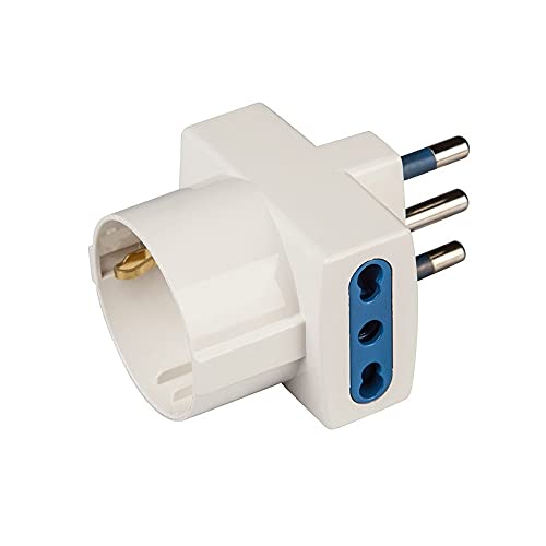 Poly Pool Adattatore Pluristandard, Bianco, Con Spina E 3 Prese Bivalenti 16A Standard Tedesco E 10A Standard Italiano